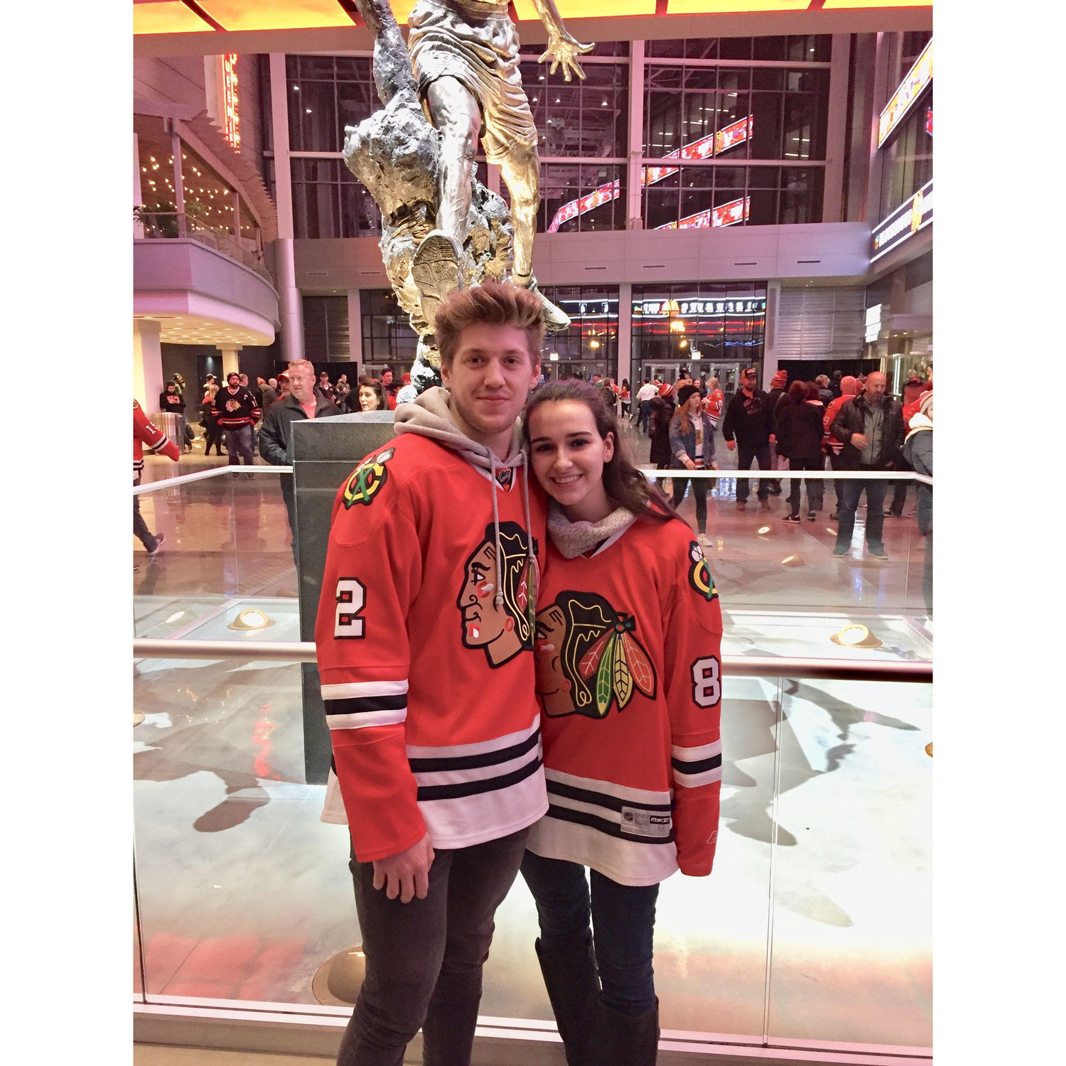 Michael played hockey since he was in first grade through high school and is a huge Chicago Blackhawks fan, so of course he had to bring Halie to a game (2018).
