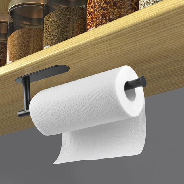 Chinpakden Stainless Steel Paper Towel Holder, Self Adhesive Or Drilling Paper Towel Rack Paper Towel Rack Under Cabinet for Kitchen, Bathroom or Under Cabinet, Black.