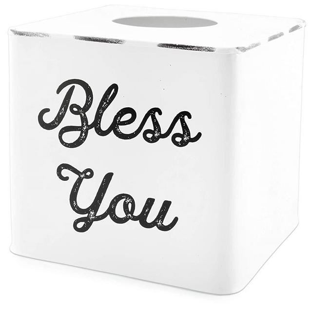 AuldHome White Tissue Box Cover; Enamelware Square Distressed Farmhouse Vintage Style Decor Tissue Holder