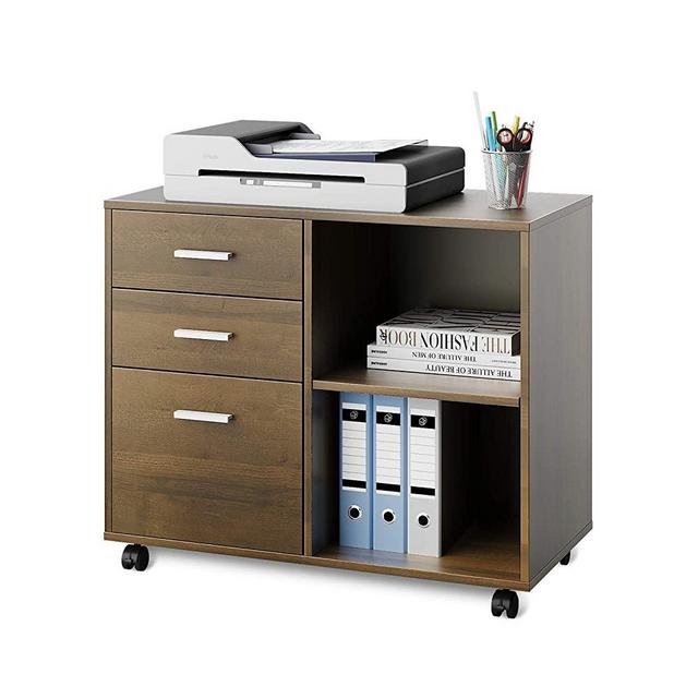 DEVAISE 3-Drawer Wood File Cabinet, Mobile Lateral Filing Cabinet, Printer Stand with Open Storage Shelves for Home Office, Gray Oak