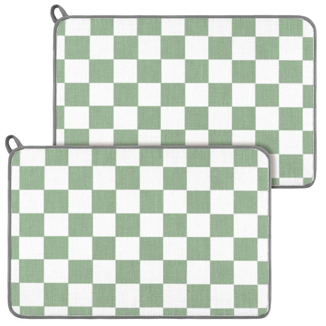 Zonon Green Checkered Dish Drying Mat for Kitchen Counter 16" x 24" Microfiber Absorbent Dish Drainer Rack Pads Fast Dry Mat Vintage Kitchen Decorations