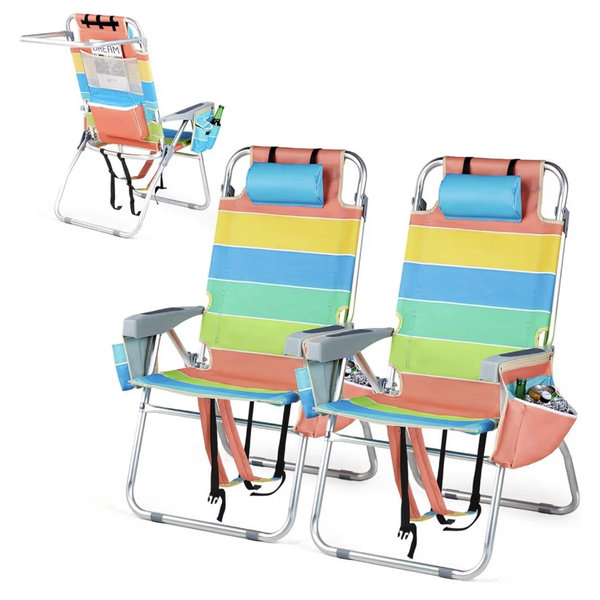 VINGLI Tall Beach Chair 2 Pack Lightweight, Backpack Beach Chair for Adults with 5-Position, Cooler Bag, Cup Holders, Towel Bar, Folding Beach Camping Chairs（16“-Rainbow）