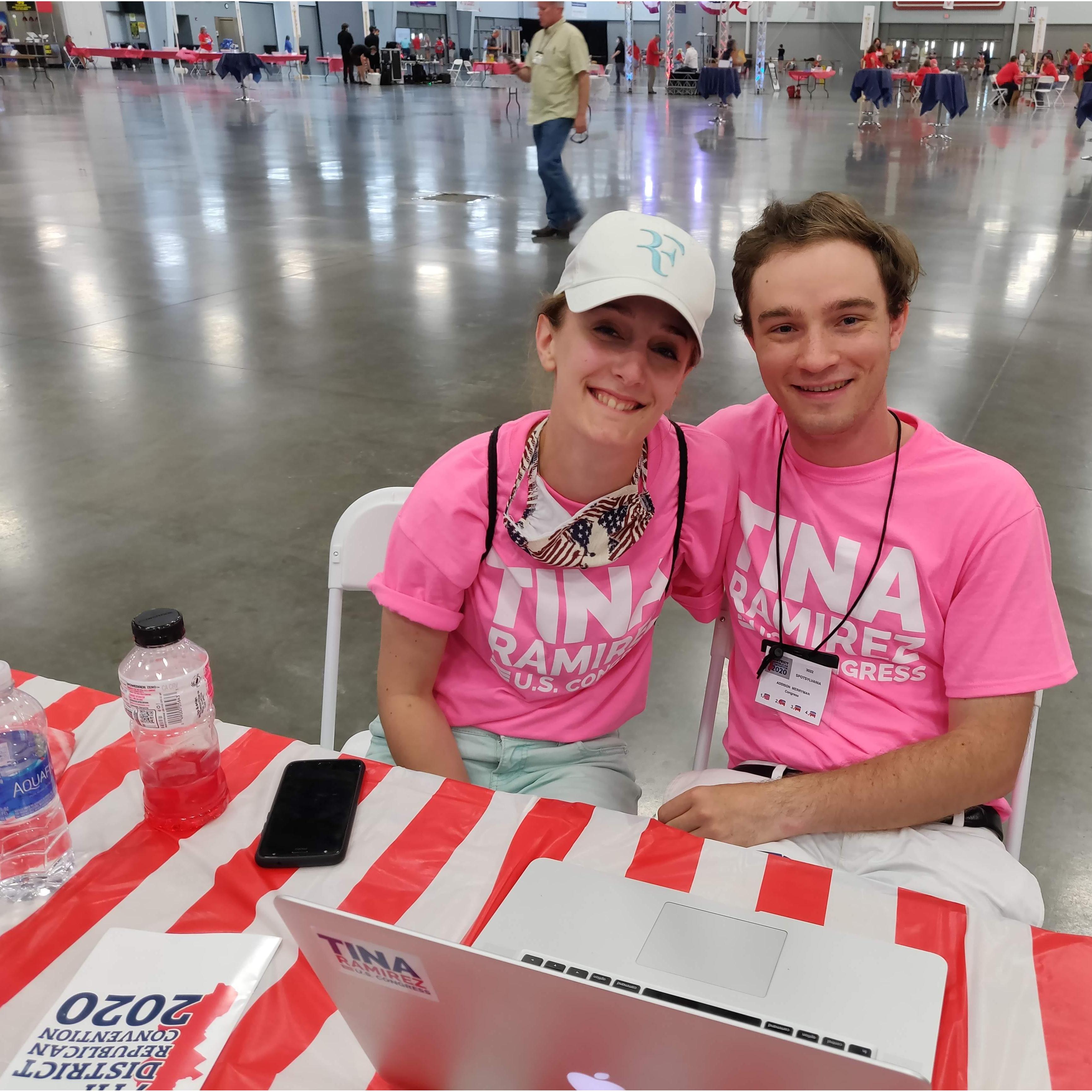 Pros of dating a campaign staffer: You get volunteered to help with an all-day, (mostly) outdoor political convention in July! Erica is a natural.