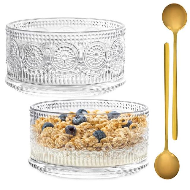 Swetwiny Glass Bowl 2 Pack Ice Cream Bowls, 15.5oz Glass Serving Bowl with Gold Spoon Trifle Bowl For Dessert, Ice Cream, Cereal, Nuts, Pudding (Sunflower, Set of 2)