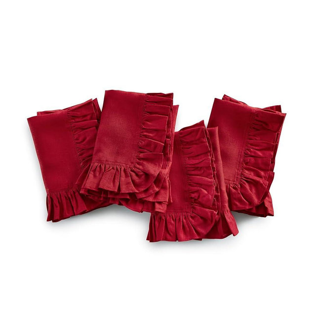 Solino Home Linen Ruffle Cloth Napkins Set of 4-100% Pure Linen Red Dinner Napkins 20 x 20 Inch - Gabrielle Ruffle, Handcrafted and Machine Washable