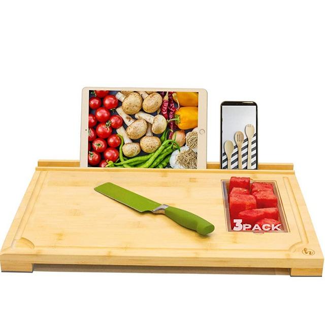 Extra Large Modern Bamboo Cutting Board - Phone, ipad, Tablet Holder - Set of 3 Containers - Non-Slip Feet, Juice Groove, Premium Thick Durable Chopping Board & Butchers Block - 20" x 14"