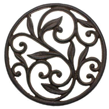Cast Iron Trivet - Round with Vintage Pattern - Decorative Cast Iron Trivet For Kitchen Or Dining Table - 7.7" Diameter - Rust Brown Color - With Rubber Pegs by Comfify