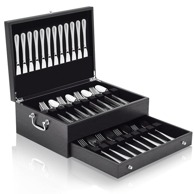DoubleFill 2 Layer Leather Silverware Storage Box with Lid Drawer Handle, 15.3 x 11.2 Inch Silverware Chest Case with Felt Lined, Flatware and Utensils Organizer for Kitchen Gift, Without Flatware