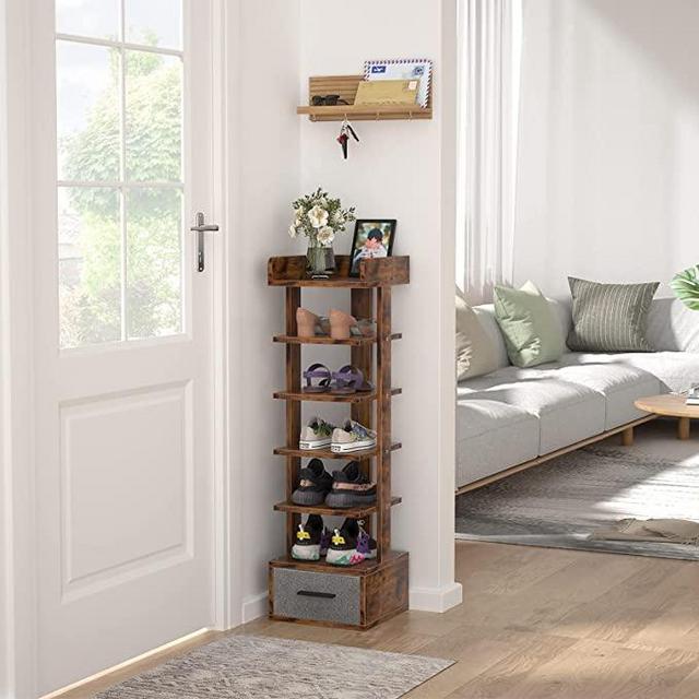 Vertical Shoe Rack For Corner Narrow Small Space, Karcog 6 Tier Skinny Tall Shoe Storage Organizer, Space Saving Sturdy Shelves Organizer Stand with Drawer For Apartment, Dormitory, Entryway