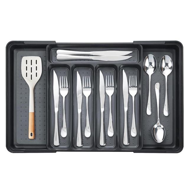 CiWiVOKi Silverware Drawer Organizer, Expandable Utensil Organizer for Kitchen, Large Cutlery Flatware Tray Plastic kitchen Organizers and Storage for Spoons Knives Forks, 7-Slots, Black/Grey