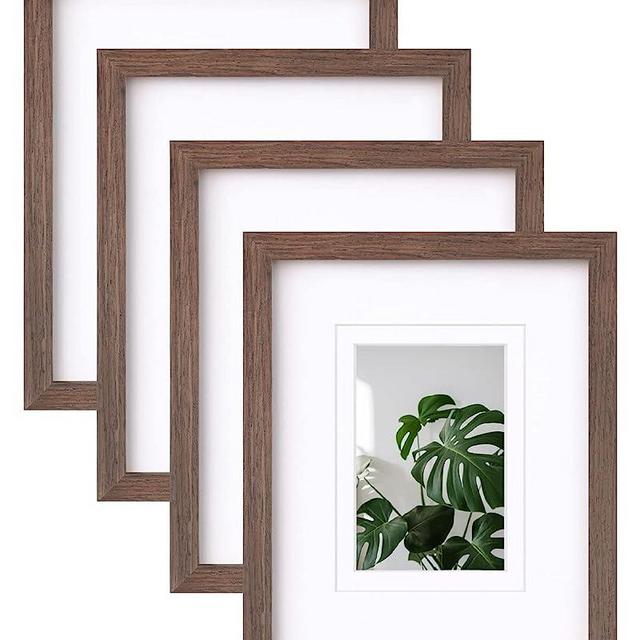 Egofine 8x10 Picture Frames Made of Solid Wood with Plexiglass, Display Pictures 4x6/5x7 with Mat or 8x10 Without Mat Set of 4 for Tabletop and Wall Mounting, Brown