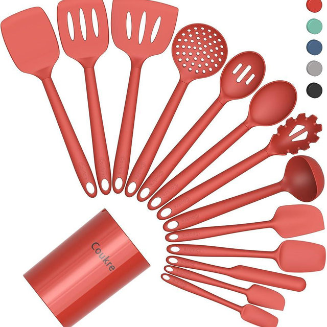 Coukre Silicone Kitchen Cooking Utensils Set with Holder – Heat-Resistant, Food-Grade Kitchen Tools, Spatula, Spoon & Gadgets for Non-Stick Pans, Dishwasher Safe (14, PureRed)