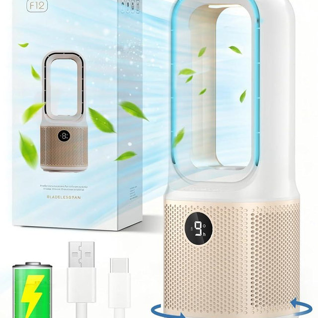Small Bladeless Desk Fan Quiet, 14 Inch USB Rechargeable Table Fan with 5000mAh Battery, 60° Oscillating 9 Speeds Touch Control, 3 Light Modes, Mini Portable Fan for Office Bedroom Living Room