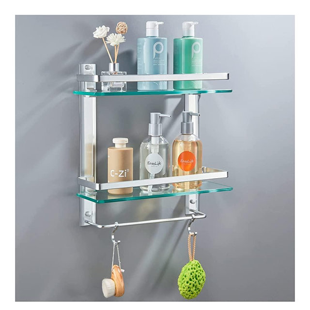 Bathroom Glass Shelf ,Aluminum Tempered Glass 0.34in Extra Thick Rectangular 2 Tier Storage Organizer Wall Mount ,Silver 15.7in