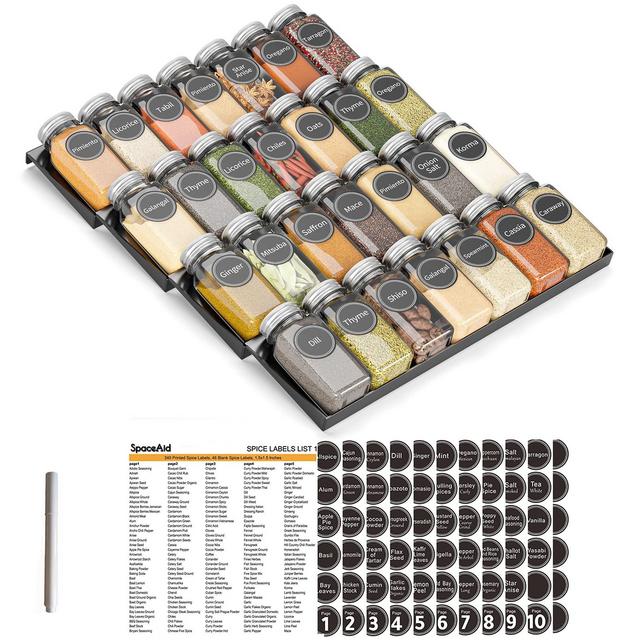 SpaceAid Spice Drawer Organizer with 28 Spice Jars, 386 Spice Labels and Chalk Marker, 4 Tier Seasoning Rack Tray Insert for Kitchen Drawers, 12.8" Wide x 17.5" Deep