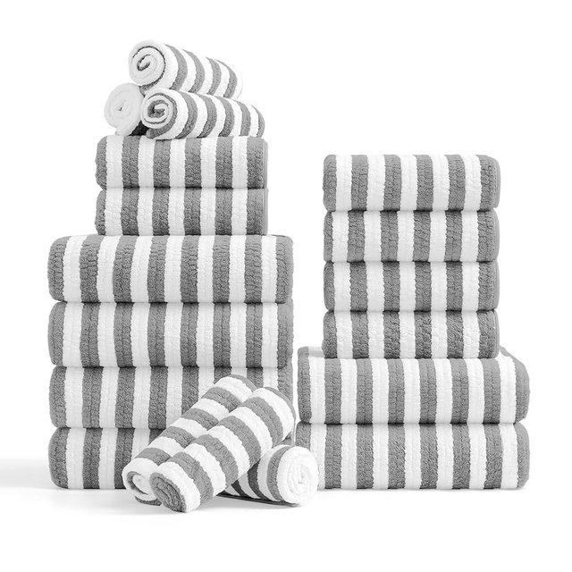 18-Piece Microfiber Bath Towels Set - 6 Bath Sheet, 6 Hand Towels, 6 Washcloths, Soft, Highly Absorbent Bathroom Towel, Quick Dry & Less Lint Shower towel for Bathroom, Hotel, Spa, Dorm-Light Grey