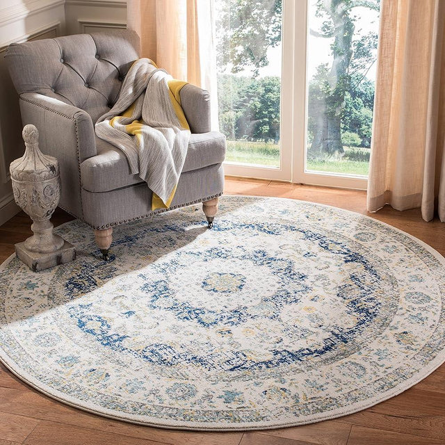 SAFAVIEH Evoke Collection Area Rug - 5'3" Round, Ivory & Blue, Shabby Chic Oriental Medallion Design, Non-Shedding & Easy Care, Ideal for High Traffic Areas in Living Room, Bedroom (EVK220C)
