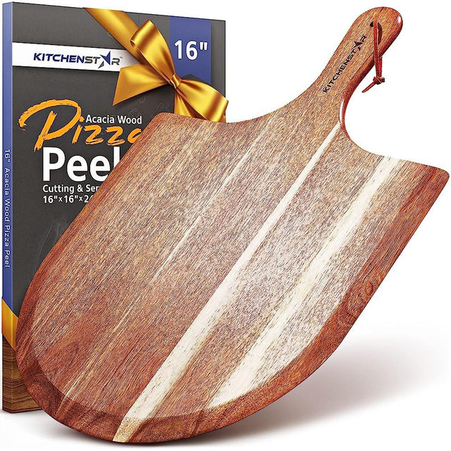 KitchenStar Acacia Wood Pizza Peel 16 inch - Extra Large Wooden Pizza Paddle Spatula for Oven - Beautiful Cutting & Serving Board with Handle - Pizza Oven Accessories