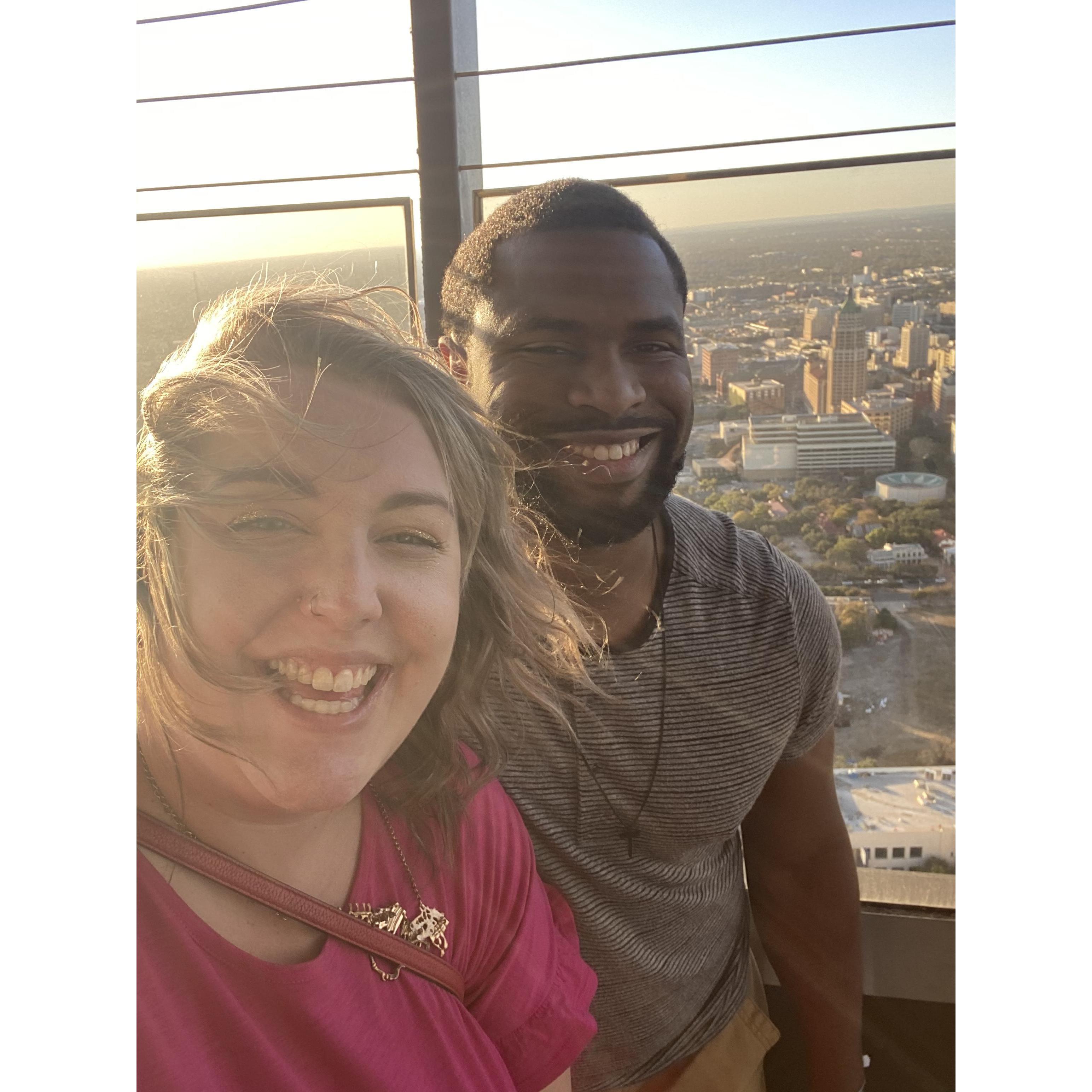 The couple at the top of the Tower of America's in downtown San Antonio for their one year anniversary.