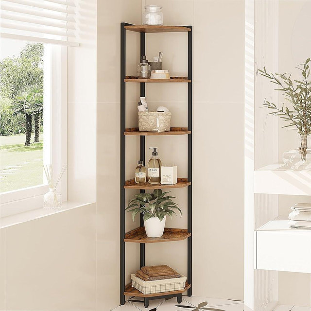 Hzuaneri Corner Shelf Stand, Corner Bookshelf, Storage Standing Shelf Unit with Metal Frame, Plant Stand, Corner Bookcase for Living Room, Home Office, Bedroom, 6-Tier Rustic Brown CS06001B