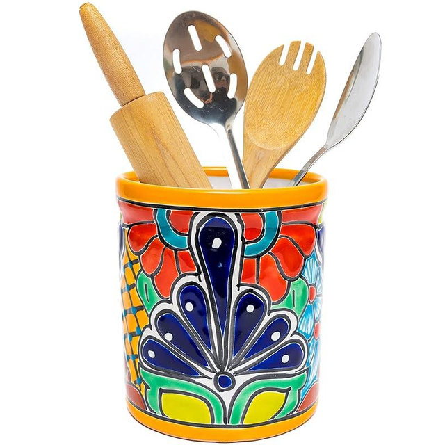 Enchanted Talavera Ceramic Large Utensil Holder Spatula Crock Kitchen Counter Organizer Mexican Pottery Utensils Tools Caddy Spoon Rest White Ceramic (Marigold Large (7.5" H x 6" W)