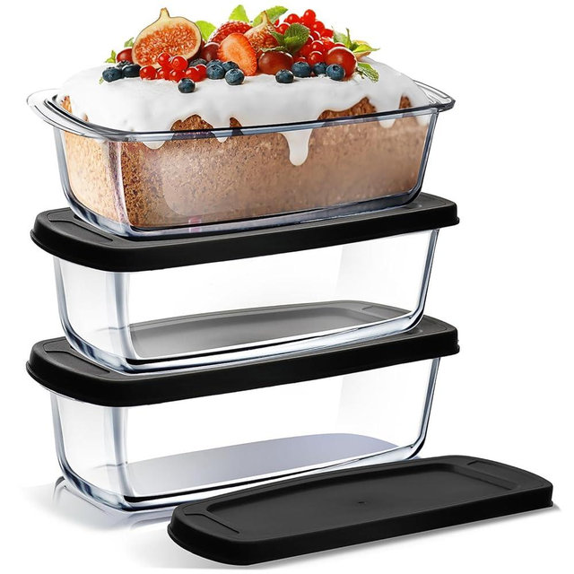 Nestl 3-Pack Baking Pans Set, Leakproof Glass Food Storage Containers with Lids, Glass Baking Dishes for Oven | Bread Pans for Homemade Bread, Meatloaf Pan, Pound Cake Pan, Bread Loaf Pan, 1.9 Quart