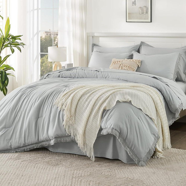 Andency Light Grey Queen Size Comforter Set with Sheets - 7 Pieces Boho Tassel Bed in a Bag Soft Lightweight Bedding Sets, Light Grey Fringe Bed Set with Comforter, Sheets, Pillowcases & Shams