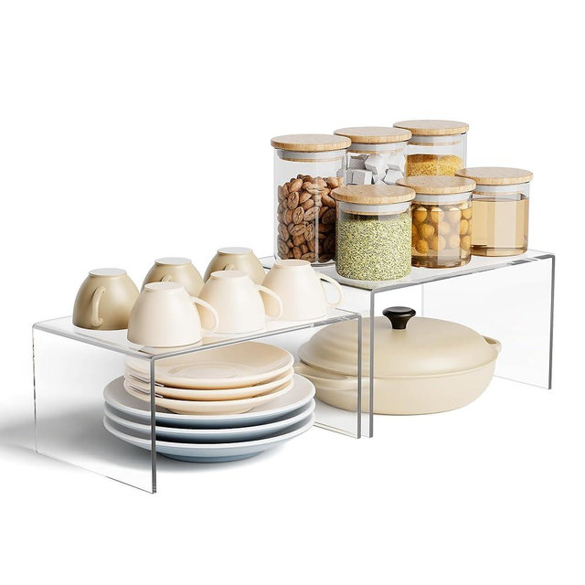 Yakaly Clear Acrylic Kitchen Cabinet Risers Set of 2 - Anti-Slip Stackable Shelf Organizers, Space Saving Shelves for Counter Display & Spice Organization