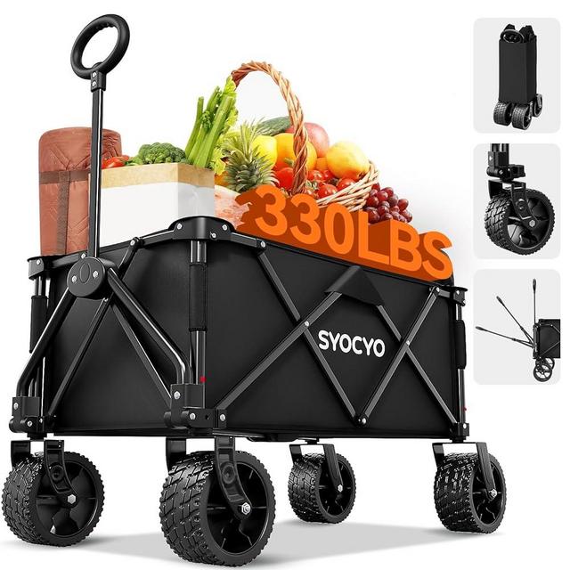 SYOCYO Collapsible Folding Wagon Cart, Heavy Duty Wagon Foldable with 330lbs Weight Capacity, Utility Garden Cart, Beach Wagons with All-Terrain Wheels for Camping, Sports, Shopping, Black