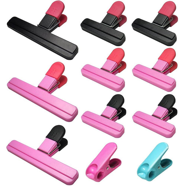Aranray 11 Pack Chip Clips Food Bag Clips for Food Packages Chips Storage Bags Heavy Duty Snack Kitchen Potato (3 Large, 6 Small & 2 Round, Black Pink)