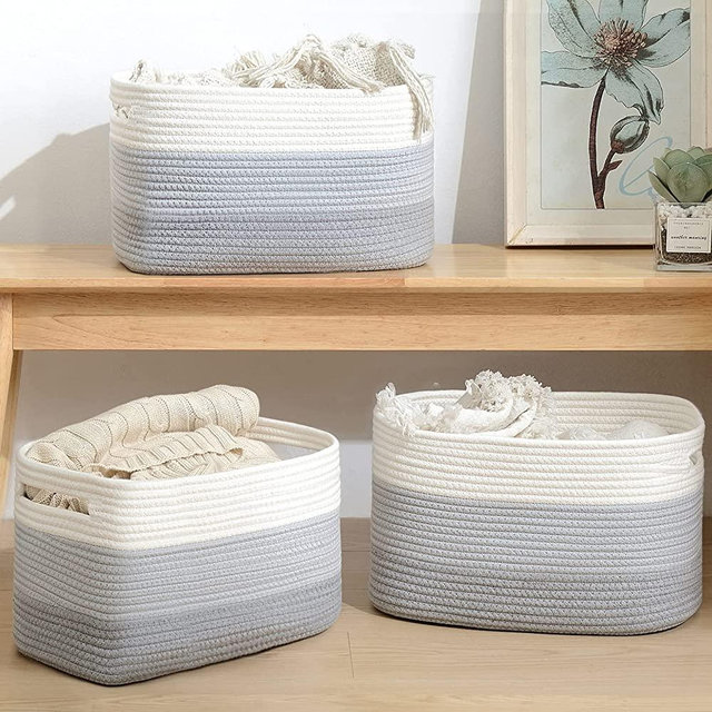 OIAHOMY Storage Basket, Woven Baskets for Storage, Cotton Rope Basket for toys,Towel Baskets for Bathroom - Pack of 3, Gradient Gray