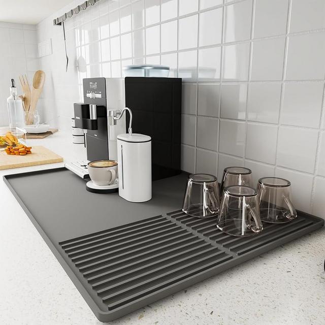 Silicone Coffee Mat with Raised Edges, 20'' X 12'', Bar Mat for Countertops, Fits Under Coffee Maker, Espresso Machine, Dish Drying Mat (GRAY)
