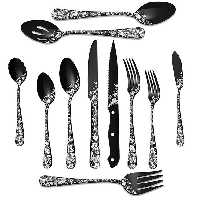 Stapava 77-Piece Black Silverware Set for 12, Plus Steak Knife & Serving Set, Stainless Steel Flatware Cutlery Set, Mirror Eating Utensils Tableware with Butterfly Flower Laser, Dishwasher Safe