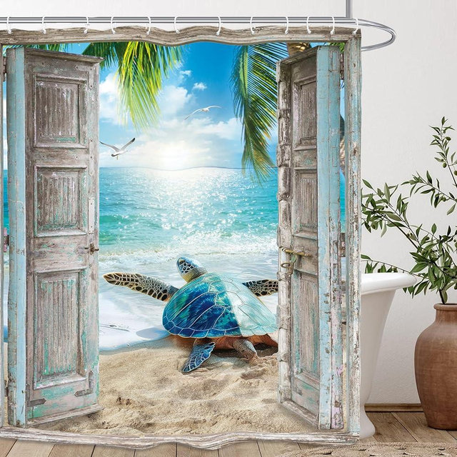 Kalmico Turtle Ocean Sea Shower Curtain 60Wx72L Inch Beach Coastal Landscape Scene Barn Door Summer Bathroom Set Accessories Decor with 12 Pack Hooks