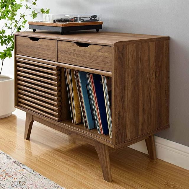 Modway Render Mid-Century Modern Vinyl Record Storage Display Cabinet, 37 Inch, Walnut