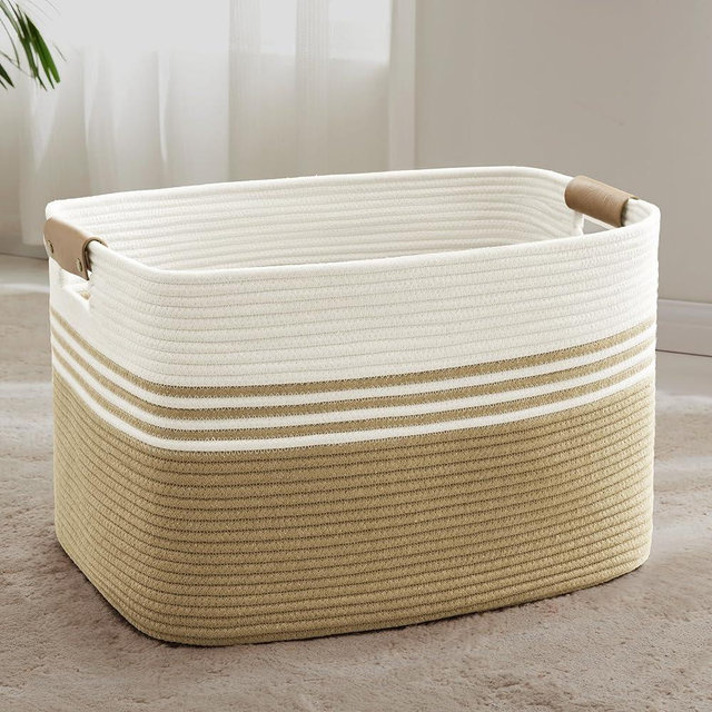 SunNewt 86L Extra Large Laundry Basket with Leather Handles for Living Room Storage, Woven Rope Baskets for Blanket, Kids Toy, Gifts, Wicker Hamper for Bedroom Dirty Clothes, 24"x16"x14" Khaki