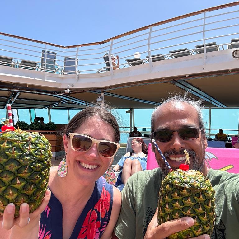 Enjoying pina coladas on our Caribbean cruise