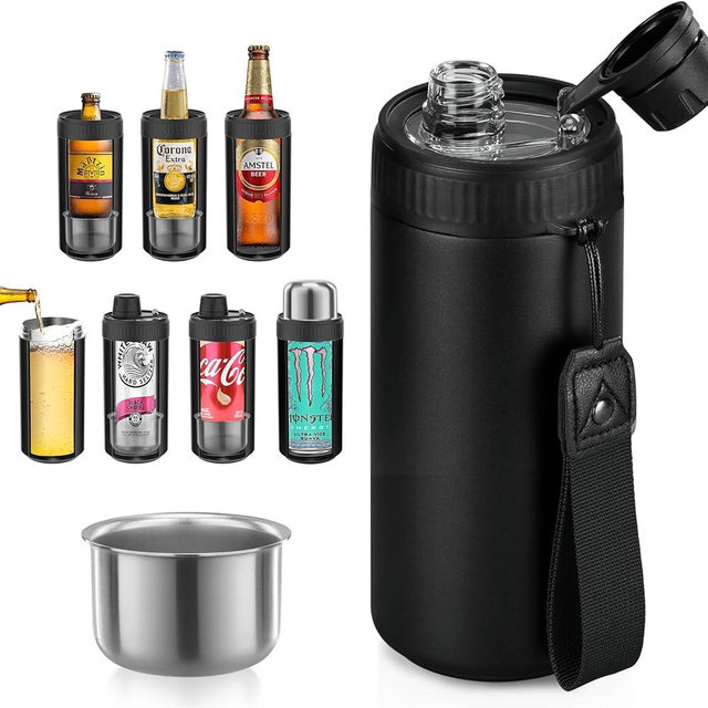 MAXSO 5-in-1 Insulated Can Cooler Fizz Soda Lid Drink Cover for 12oz & 16oz Regular, Slim Skinny Can, Beer Bottle & As Thermal Bottle, Vacuum Insulator Carbonated Cold Beverage Holder - Black