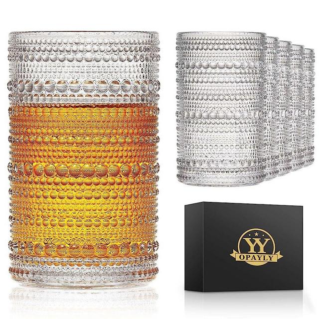 OPAYLY beaded drinking glasses Highball Glasses Set of 6 12oZ Glassware Drinks for Water,Cocktail,Beer,Whiskey, Beverages,Juice,Beverage, Milk Gift for Men Women