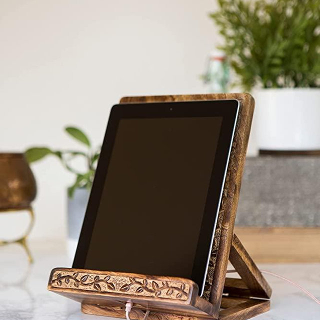 Matr Boomie, Hand Carved Wood Recipe Cookbook Stand, Holder and Tablet Dock, Docking Station, Organizer for Kitchen, Home, Office, Desk, Workshop Organization