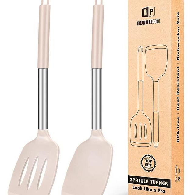 Pack of 2 Silicone Solid Turner,Non Stick Slotted Kitchen Spatulas,High Heat Resistant BPA Free Cooking Utensils,Ideal Cookware for Fish,Eggs,Pancakes (Stainless Steel KHAKI)
