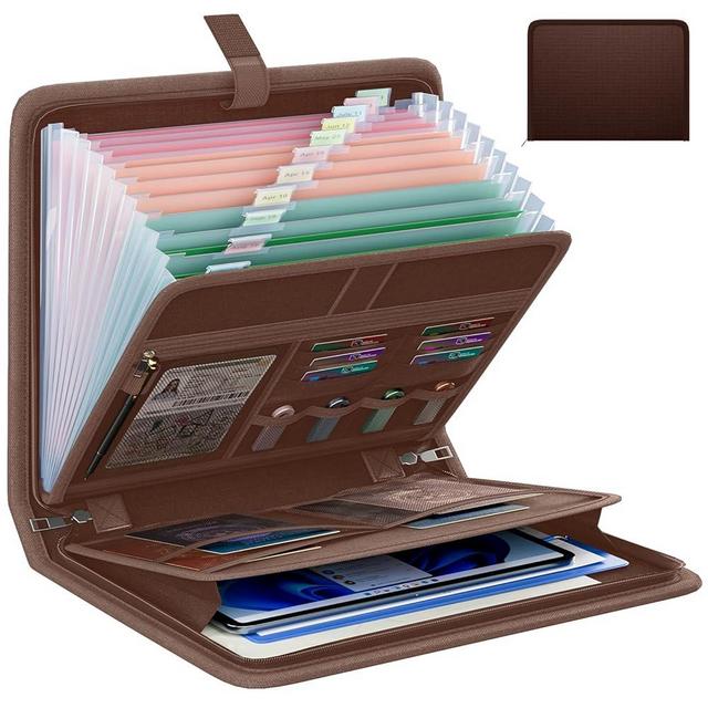 Fireproof Accordion File Organizer, Portable Expanding File Folder with Waterproof Zipper&Labels, Brown Document Organizer with 13 Pockets, File Organizer for Important Document/Paper Storage