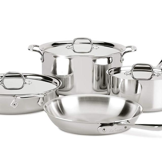 All-Clad D3 7-Piece Stainless Steel Dishwasher Safe Induction Compatible Cookware Set, Tri-Ply Bonded, Silver