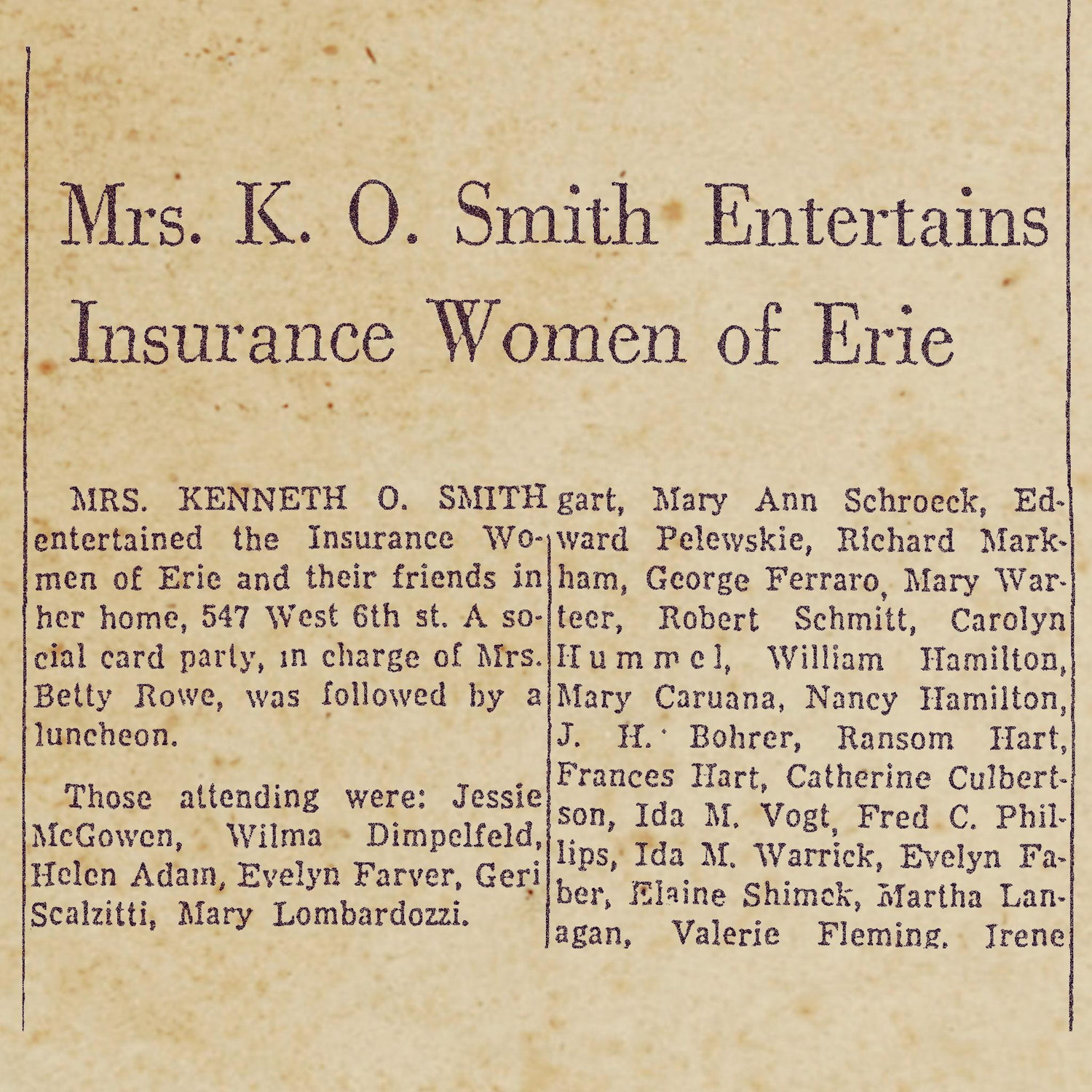 Mrs. Smith Newspaper Article on Entertainment at 547 West 6th. Street - 1915