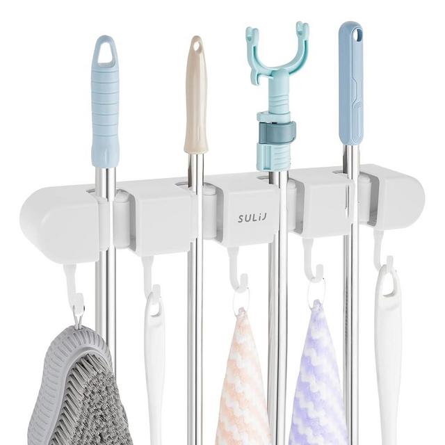 2Pcs Broom Holder Wall Mount, No-Drilling Self-Adhesive Mop and Broom Storage Rack with Hooks (4 Racks with 5 Hooks), Wall-Mounted Broom Hanger for Bathroom, Kitchen, Closet, Garage, White ﻿