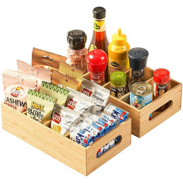 Umilife Bamboo Pantry Organizers and Storage Bins with Removable Dividers, Kitchen Drawer Cabinet Countertop Organization for Snack, Spice Packets, Teabags, Seasoning Pouches (2 Pack)