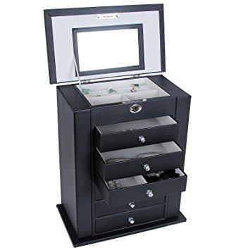 SONGMICS Black Jewelry Box Large Cabinet Faux Leather Storage Case Organizer with Lock and Mirror UJBC06B