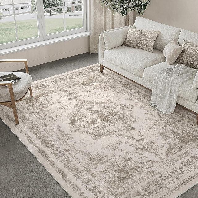 PureCozy Area Rug 5x7 Washable Taupe Rug Vintage Boho Medallion Large Distressed Retro Carpet for Living Room Non Slip Indoor Low Pile Small Soft Bedroom Dining Room Home Office