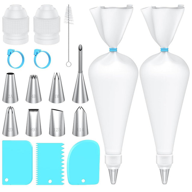 Frapkom Piping Bags and Tips Set, 16 Inch Cotton Reusable 2 Piping Bags, 7 Piping Tips, 2 Couplers, 1 Puff Tip, 1 Brushes, 3 Scrapers. Icing Bags and Tips Set for Cakes/Cupcakes Decorating.