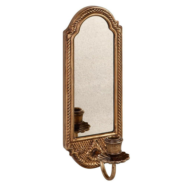 SOFFEE DESIGN Vintage Gold Wall-Mounted Candle Sconce with Mirror - Floral Base & 3D Woven Texture for Bathroom, Dining Room, Entryway